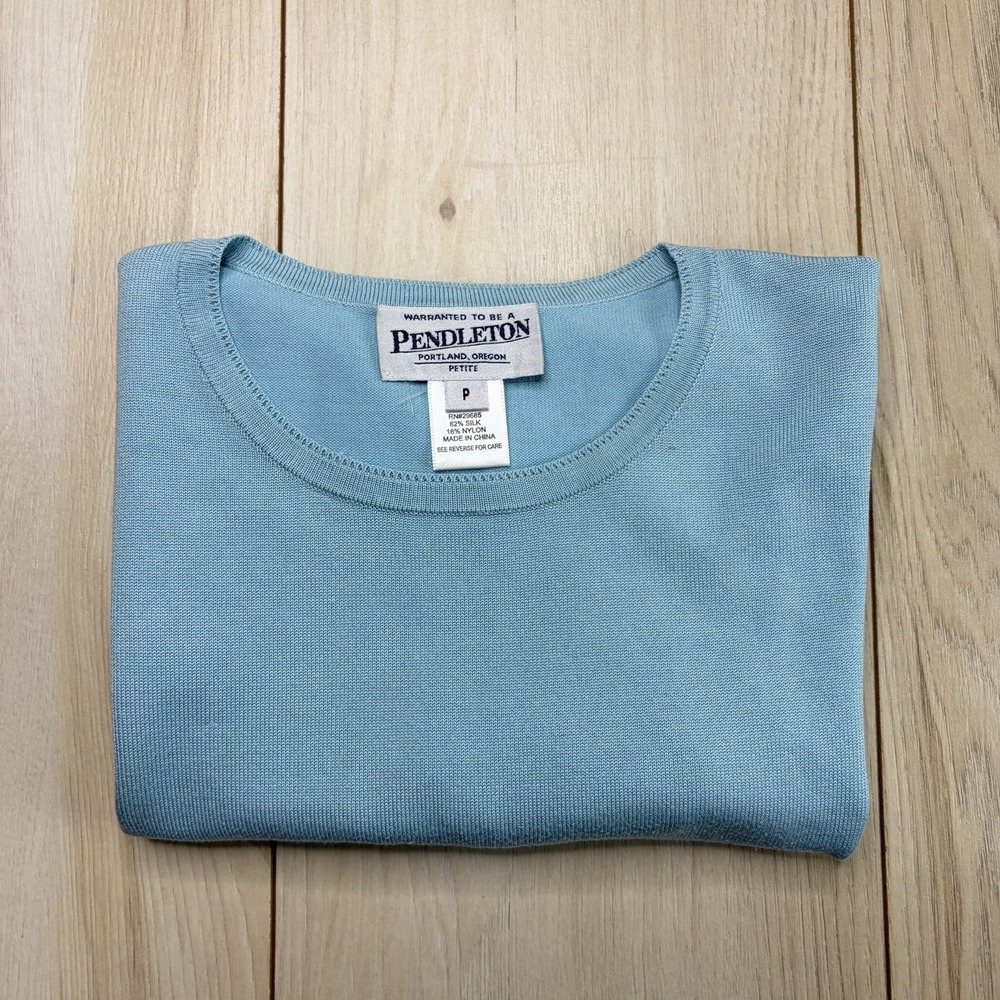 Pendleton Womens Short Sleeve Knit Crewneck Shirt Silk Blend Blue Petite Stretch